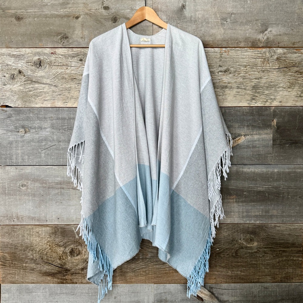 Eileen Fisher Italian Recycled Cotton Poncho Wrap OS Blue Gray Fringe Lagenlook
